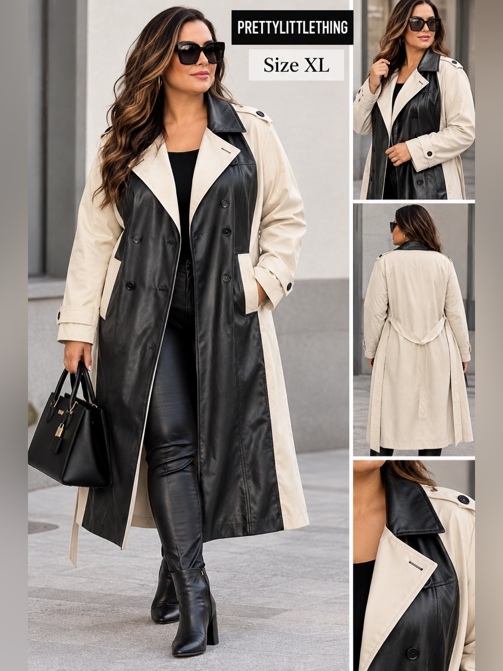 PrettyLittleThing Two-Tone Black & Beige Faux-Leather Trench Coat Sz XL NWT